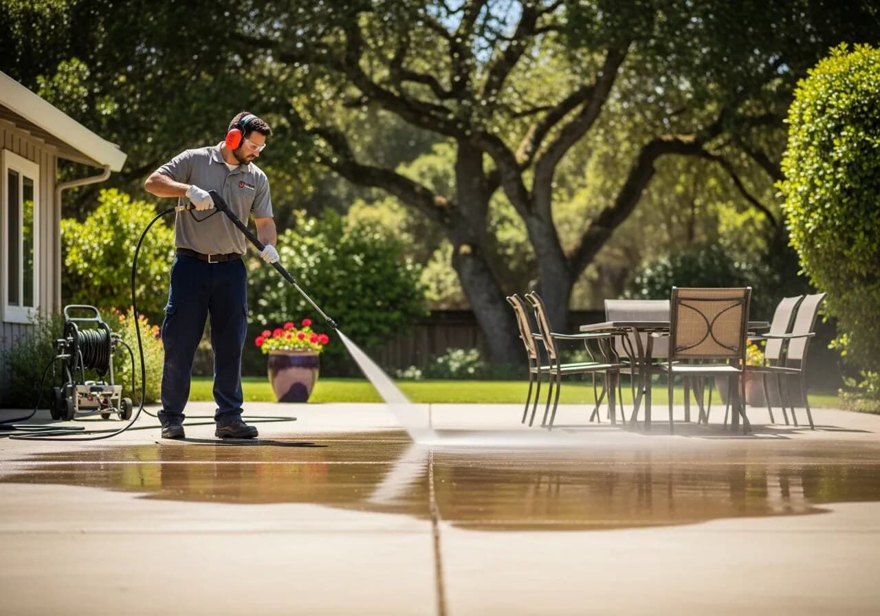 Exterior surface being prepared for pressure washing